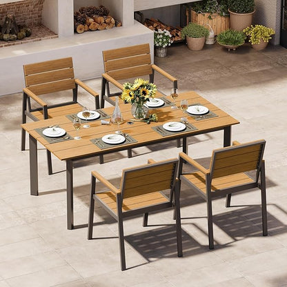 Outdoor Dining Set for 4, Aluminum Patio Table and Chairs Set with Umbrella Hole, 5 Piece HDPS Outdoor Furniture Set for Patio, Garden (Gray & Teak)
