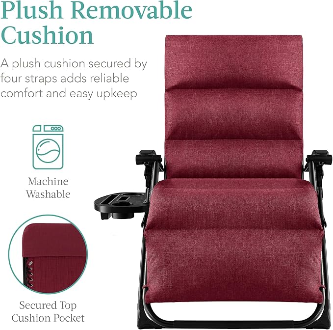 Zero Gravity Recliner, Burgundy with Removable Cushion and Side Tray