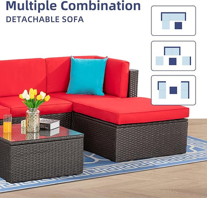 Vongrasig 5 Pieces Small Patio Furniture Sets, All-Weather Outdoor Sectional Patio Sofa Wicker Rattan Patio Seating Sofas with Cushion and Glass Table (Red)