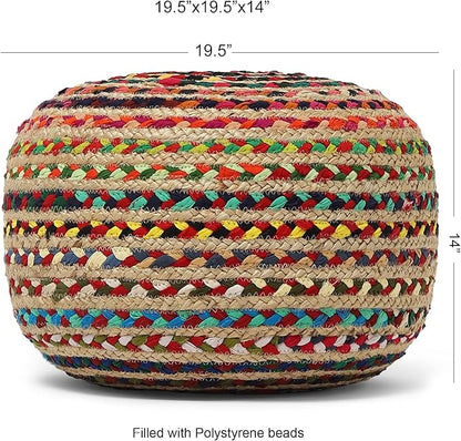 REDEARTH · Round Pouf Ottoman - Braided Boho Poof Home Décor Pouffe Accent Sitting Circular Foot Rest for Living Room, Bedroom, Nursery, Kidsroom, Lounge; Jute and Cotton (19.5"X19.5"X14"; Multi)