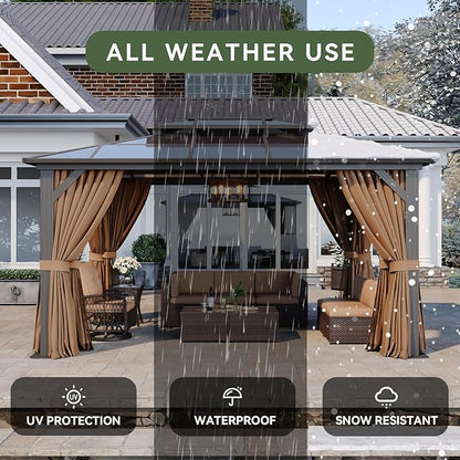 Aoxun 10'x14' Hardtop Gazebo, Aluminum Frame Permanent Pavilion with Curtains and Netting, Outdoor Polycarbonate Double Roof Canopy, for Patio, Garden, Lawn, Brown