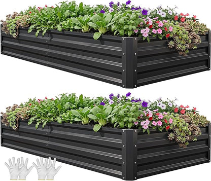 YITAHOME 6x3x1ft 2pcs Large Raised Garden Bed Kit, Galvanized Metal Planter Box with Gloves, Ground Nails, Support Rod, Outdoor Above Ground Planters for Plants Vegetables Flowers, Black