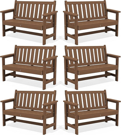 SERWALL Outdoor Bench, HDPE Outdoor Benches Weatherproof, 2-Person Garden Bench with 660 lbs Weight Capacity, Patio Benches for Outdoors, Garden, Porch, Backyard and Park, Brown, 6 Pack