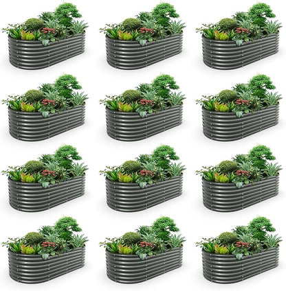 A ANLEOLIFE 12-Set 8X4X2 ft Galvanized Raised Garden Bed Kit, Oval Metal Deep Root Planters for Outdoor Plants, Quartz Grey