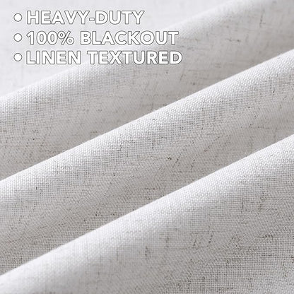 H.VERSAILTEX Linen Curtains 100% Blackout Curtains for Bedroom 96 inch Long Full Light Blocking Nature Linen Blended Window Curtains for Living Room Nickel Grommet (2 Panels, Heathered White)