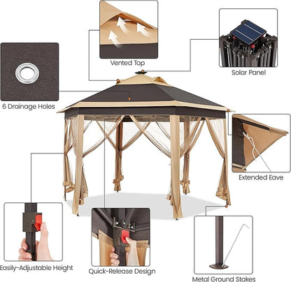 Yaheetech 13×13 Pop-Up Patio Gazebo Tent W/Mesh Netting Sides & 25 Solar LED Lights, Hexagonal Double Vented 3 Height Adjustable Gazebo with Storage Bag for Backyard, Garden, Lawn, Khaki & Brown