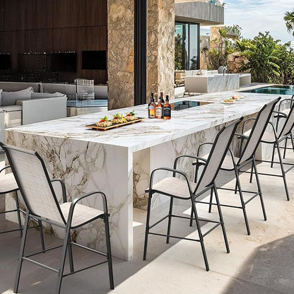 VINGLI Outdoor Bar Chairs Set of 8 – Stackable Outdoor Bar Stools with Sturdy Sling High Back and Armrests for Lawn, Courtyard, Garden, Bar, Yellow