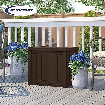 Suncast Small Outdoor Storage Box - 22 Gallon Java Resin Outdoor Deck Box, Flat-Lid Bench Seating, Patio Storage Bin Container for Organizing Tools, Cushions for Porch, Deck, Pool, & Garden