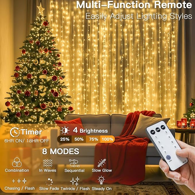 LED Curtain String Lights, 900 LEDs, Warm White, 29.5 x 9.8 ft
