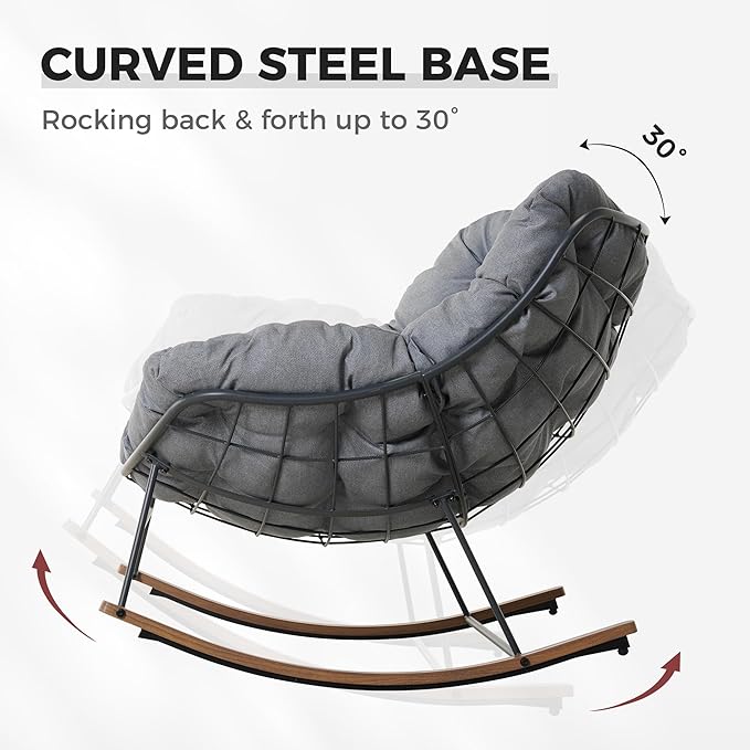 Grand patio Outdoor Rocking Chair, Oversized Papasan Rocking Chair with Thick Cushion, Indoor Outdoor Cozy Rocker for Balcony, Living Room, Patio, Gray