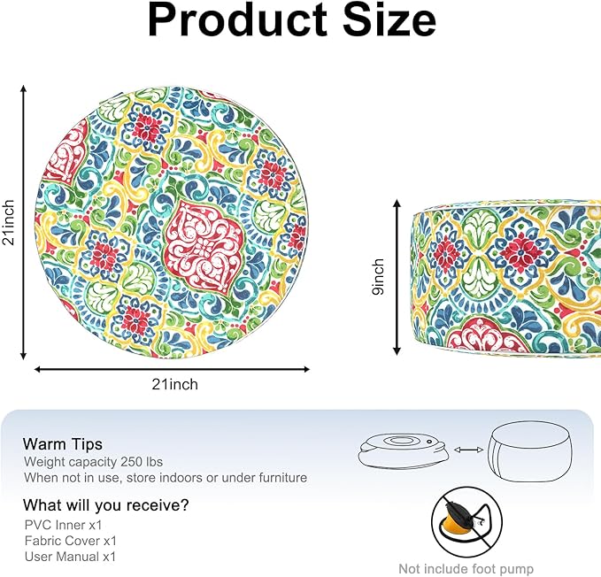 Inflatable Ottoman Stool D21 xH9 for Outdoor/Indoor Use, Water Repellent Patio Foot Rest Stool with Portable Handle,Round Pouf Ottoman Suitable for Garden,Deck and Camping - Damask Red