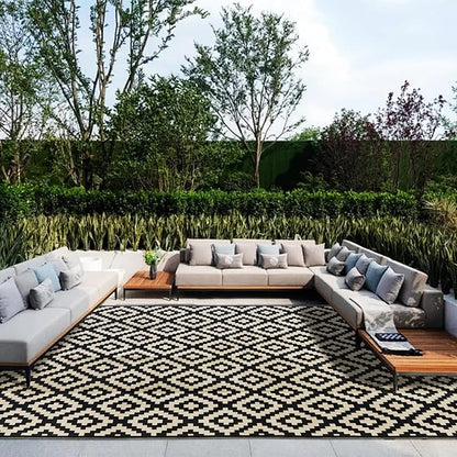 SAND MINE Waterproof Outdoor Rug 10x20 ft, Plastic Reversible Rug, Modern Area Rug, Large Floor Mat for Outdoors, RV, Patio, Backyard, Deck, Picnic, Beach, Camping, Black & Beige