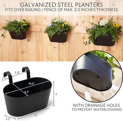 KIBAGA Beautiful Hanging Flower Pots for Outside Railing Or Fence - Stylish Set of 3 Outdoor Planters for Any Balcony, Porch or Deck - Window Planter Boxes are Perfect for Your Flowers