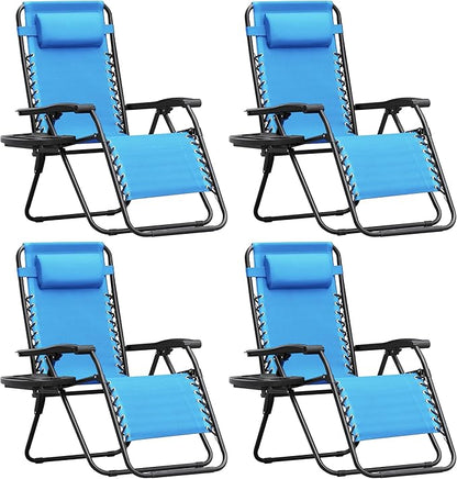 Homall Zero Gravity Chair Patio Folding Lawn Outdoor Lounge Gravity Camp Reclining Lounge Chair with Cup Holder Pillows for Poolside Backyard and Beach Set of 4 (Sky Blue)