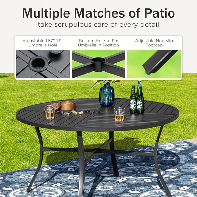 PHI VILLA 5 Pieces Outdoor Dining Set for 4, 42" Round Black Metal Table with Umbrella Hole & Wrought Iron Chairs, Large Outside Furniture with Red Cushions & Pillows for Patio, Deck, Porch