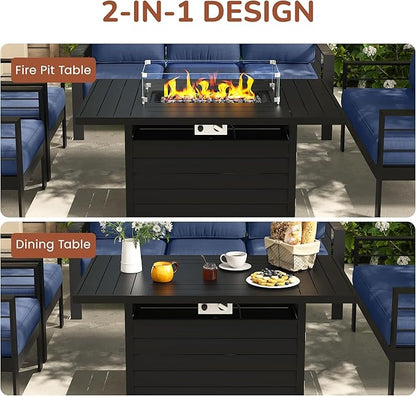 Solaste Aluminum Patio Furniture Set with Fire Pit Table, 4 Piece Metal Outdoor Furniture with Water-Resistant Cushions, Modern Patio Conversation Set for Balcony, Front Porch, and Backyard,Blue