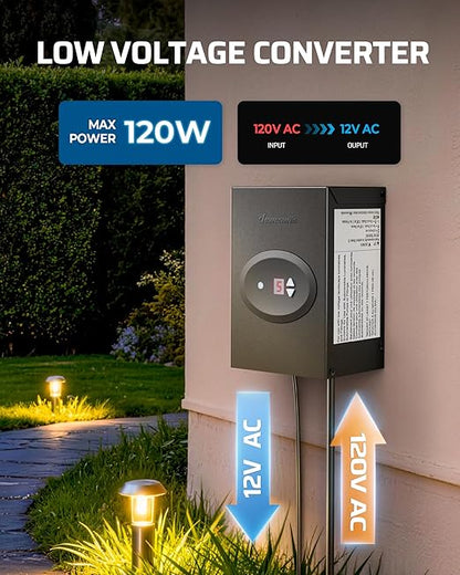 DEWENWILS 120W Low Voltage Landscape Transformer, Outdoor Transformer with Timer and Photocell Sensor, 120V AC to 12V AC, Weatherproof, for LED Lighting, Spotlight, Pathway Light, ETL Listed