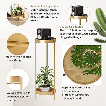 Metal Gold Tall Plant Stand Indoor or Outdoor - 30 inch 2 Tier Modern Corner Planter Shelf Rack with 2 Removable Display Shelves(10 inch) for Bedroom Living Room Balcony