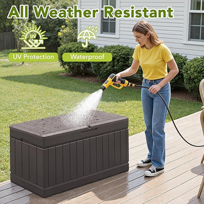 Deck Box Brown Resin Outdoor Storage Bench with Lockable Lid