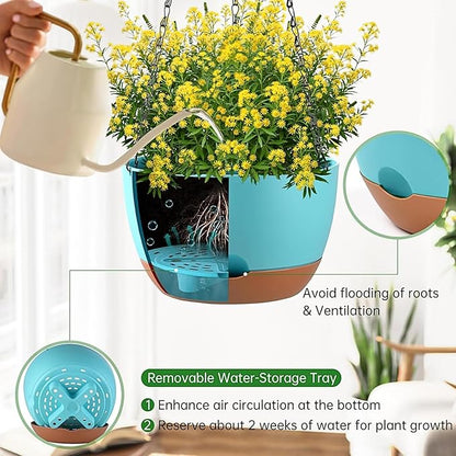 Hanging Planters for Indoor Plants, Set of 2 8/10 Inch Self-Watering Hanging Pots with Drainage Hole & Removable Water-Storage Tray II Screw-in Hooks
