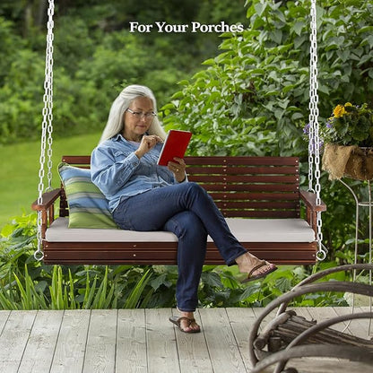 VINGLI Heavy Duty 880 LBS Patio Wooden Porch Swing Outdoor with Extra Cushion, Farmhouse Hanging Bench Tree Swing with Adjustable Chains for Yard | Garden | Lawn | Balcony (5 FT, Rustic)
