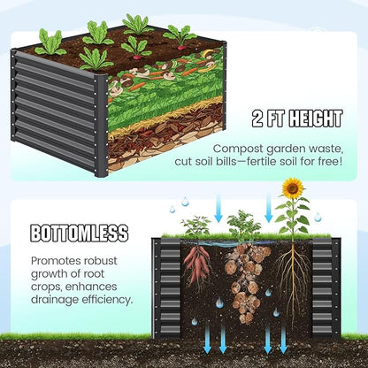 Quictent Galvanized Raised Garden Bed 4x3x2ft Tall Garden Bed Extra Height 22.4" Hold 24cft Soil Outdoor Heightened Planter Box for Deep Root Vegetables Herbs Tomato Cage Included, Dark Grey