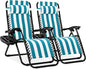 Best Choice Products Set of 2 Adjustable Steel Mesh Zero Gravity Lounge Chair Recliners w/Pillows and Cup Holder Trays - Peacock Striped