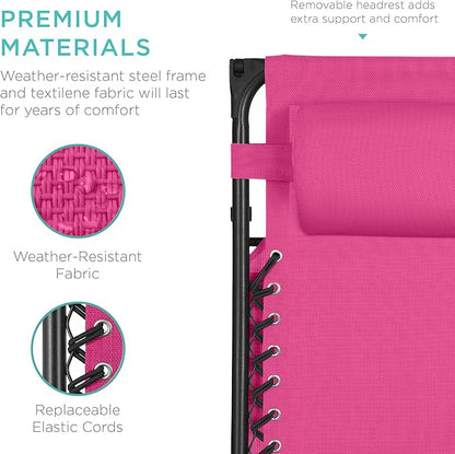 Best Choice Products Folding Zero Gravity Outdoor Recliner Patio Lounge Chair w/Adjustable Canopy Shade, Headrest, Side Accessory Tray, Textilene Mesh - Hot Pink/Black