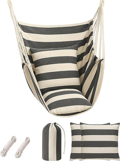 Hammock Chair Swing 2 Cushions Included - Hanging Rope Swing Max 400 Lbs Sturdy Soft Cotton Indoor for Bedroom Swing Chair Outdoor Patio Bedroom Porch Deck Black White