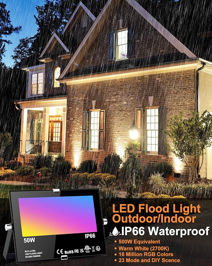 Flood Security Lights, 50W RGB LED Outdoor Floodlight 4-Pack