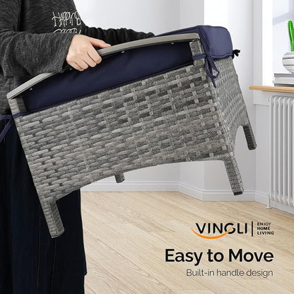 VINGLI Wicker Outdoor Ottoman Set of 2, All Weather PE Rattan Footstool for Patio w/Removable Cushions, Waterproof Rattan Foot Rest for Garden, Balcony, Poolside (Grey)