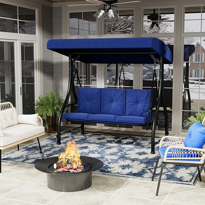 U-MAX Porch Swing Chair with Adjustable Backrest&Canopy, 3 Seat Patio Swing with Canopy 2-in-1 Convertible Outdoor Swing with Canopy Patio Daybed with Removable Blue Cushions for Adults