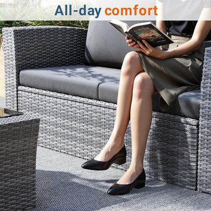 Wisteria Lane 4 Piece Patio Furniture Set, Wicker Outdoor Patio Conversation Furniture Set, All Weather Outdoor Patio Sofa with Cushion and Glass Table, Black