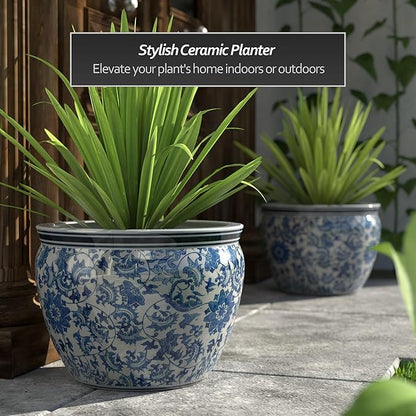 Red Lantern Large 18" Porcelain Fishbowl Blue & White Floral Planter or Cachepot for Indoor/Outdoor Use in Garden Entryway Living Room Boho Eclectic Modern Contemporary Classic Traditional Style Decor