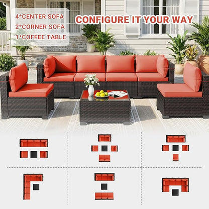 LEVELEVE 7 Pieces Outdoor Patio Furniture Sets,Rattan Conversation Sectional Set,Manual Weaving Wicker Patio Sofa with Tea Table