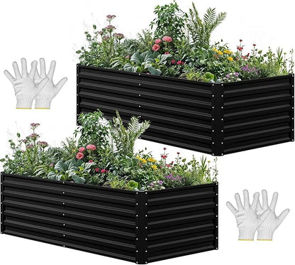 YITAHOME 6x3x2 ft 2pcs Galvanized Raised Garden Bed Kit, Large Metal Planter Box with Gloves & Support Rod, Outdoor Flower Bed for Plants Vegetables, Black
