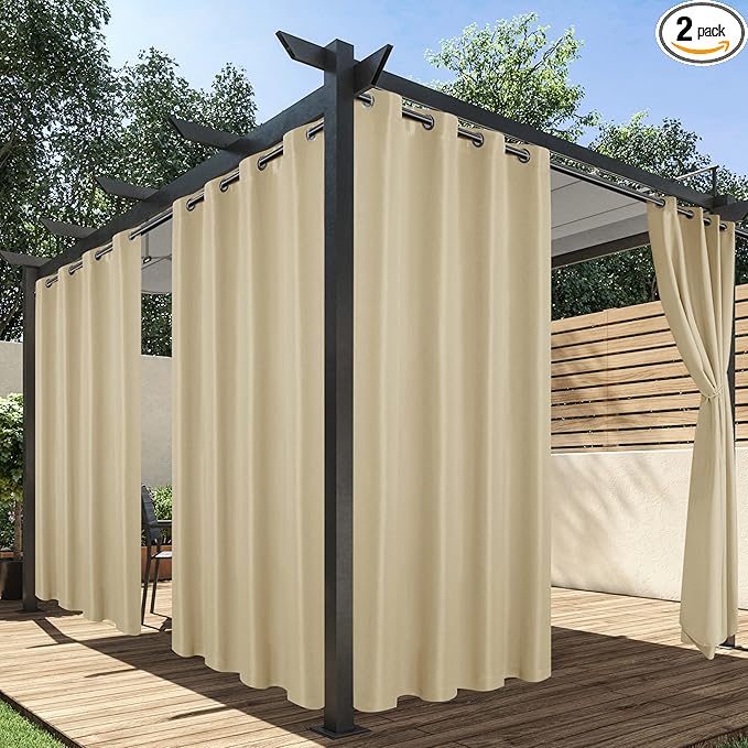 HolidayIdeas Outdoor Curtains for Patio Waterproof, 2 Panels - 54 x 84 Inch - Privacy Protection & Light Filtering Curtains Grommet Outside Curtains for Porch, Gazebo, Pergola, Backyard (Cream)