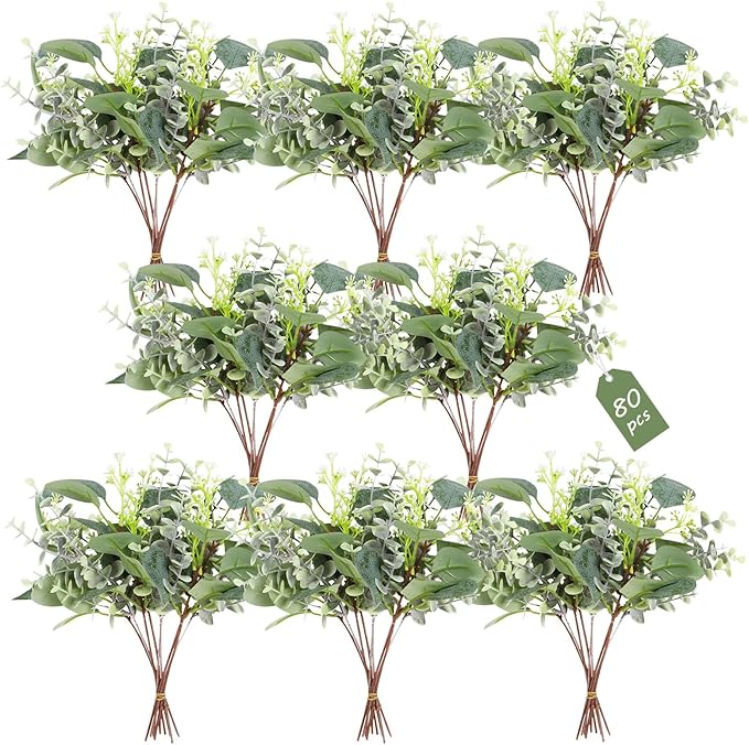Artificial Eucalyptus Greenery Stems, 80 Piece Set in Mixed Green