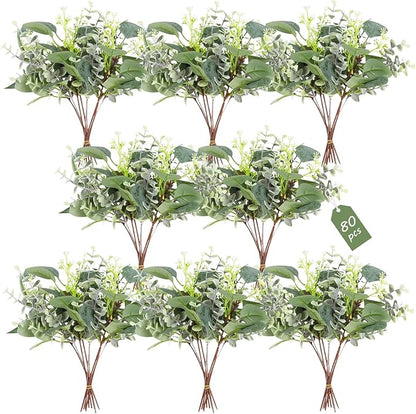 Artificial Eucalyptus Greenery Stems, 80 Piece Set in Mixed Green