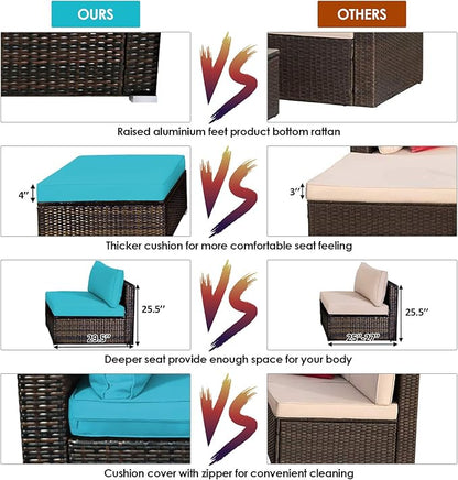 Tangkula 5 Pieces Patio Rattan Furniture Set, Outdoor Sectional Rattan Sofa Set with Back & Seat Cushions, Wicker Conversation Set with Tempered Glass Table for Backyard Porch Poolside (Turquoise)