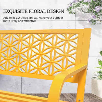 VINGLI 50" Outdoor Bench Metal with Floral Back, Garden Bench Front Porch Bench for Yard Patio Entryway Park Outside, 800lb Capacity - Yellow