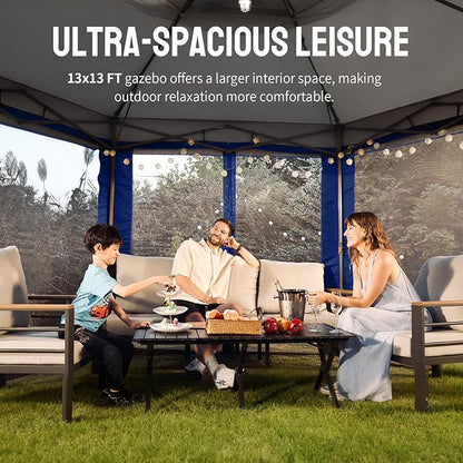 CROWN SHADES 13x13 Pop Up Gazebo with Mosquito Nettings, Patented Center Lock 6-Sided Portable Gazebo, 300D Silver-Coated Fabric UV Resistant, Pop Up Canopy Tent for Patio, Party, Blue&Light Grey