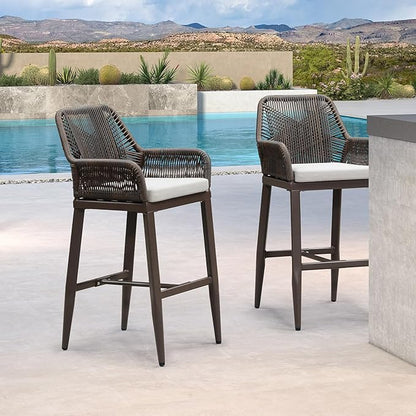 PURPLE LEAF Outdoor Wicker 29" Bar Stools Set of 2, Boho Patio Bar Height Chair with Cushion and Back for Outdoor and Indoor, Garden, Patio, Coffee
