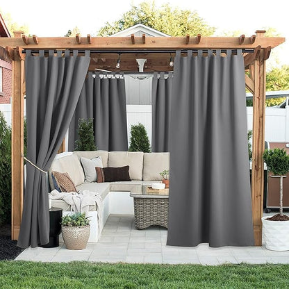 NICETOWN 2 Pieces Porch Curtainss Outdoor Waterproof 120" Extra Long, Detachable Sticky Tab Top Blackout Indoor Outdoor Living Dividers Thermal Insulated Blinds for Patio & Pergola, Grey, 104" W Total