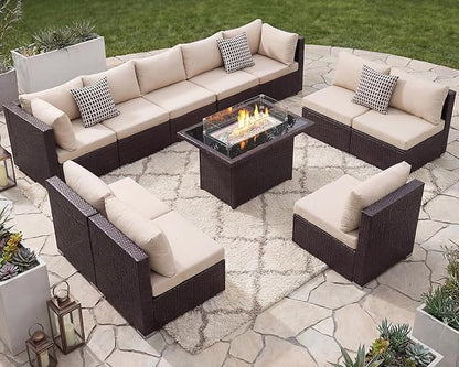 NICESOUL Modern Luxury Outdoor Patio Sectional Furniture Set with Fire Pit Table, Large Size PE Brown Wicker 29.3'' High Back Conversation Set with Natural Gas/Propane Fireplace, 11 Pieces 10 Seats