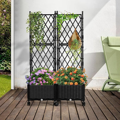 Planter Box with Trellis, 4ft Tall Self-Watering Plastic Raised Garden Beds and Lattice Trellis with Lockable Wheels & Drain Plug for Outdoor Patio Backyard Balcony, Black, 2 Pcs