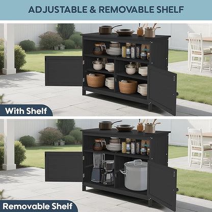 HIPS All-Weather Outdoor Storage Cabinet,Outdoor Sideboard with Magnetic Doors,3-Shelves Patio Storage Cabinet, Used for Garden,Buffet Cabinet,TV Stand, Bar Table,Balcony