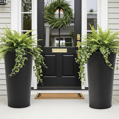 Worth 2 Pack 28" Tall Narrow Metal Planter with Inside Pot for Indoors or Outdoors, Deck, Patio or Front Porch, Hand-Hammered Texture, Black