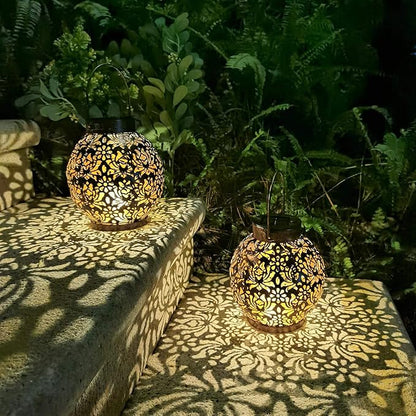 2 Pack Outdoor Solar Hanging Lantern Lights Metal LED Decorative Lamp for Garden Patio Courtyard Lawn and Table with Hollowed-Out Design (Bronze)