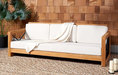 SAFAVIEH Couture Outdoor Patio Furniture Collection – Curacao 3-Seat Patio Sofa, Brazilian Teak Wood Frame with Removable White Cushions, Modern Outdoor Seating (CPT1010A)
